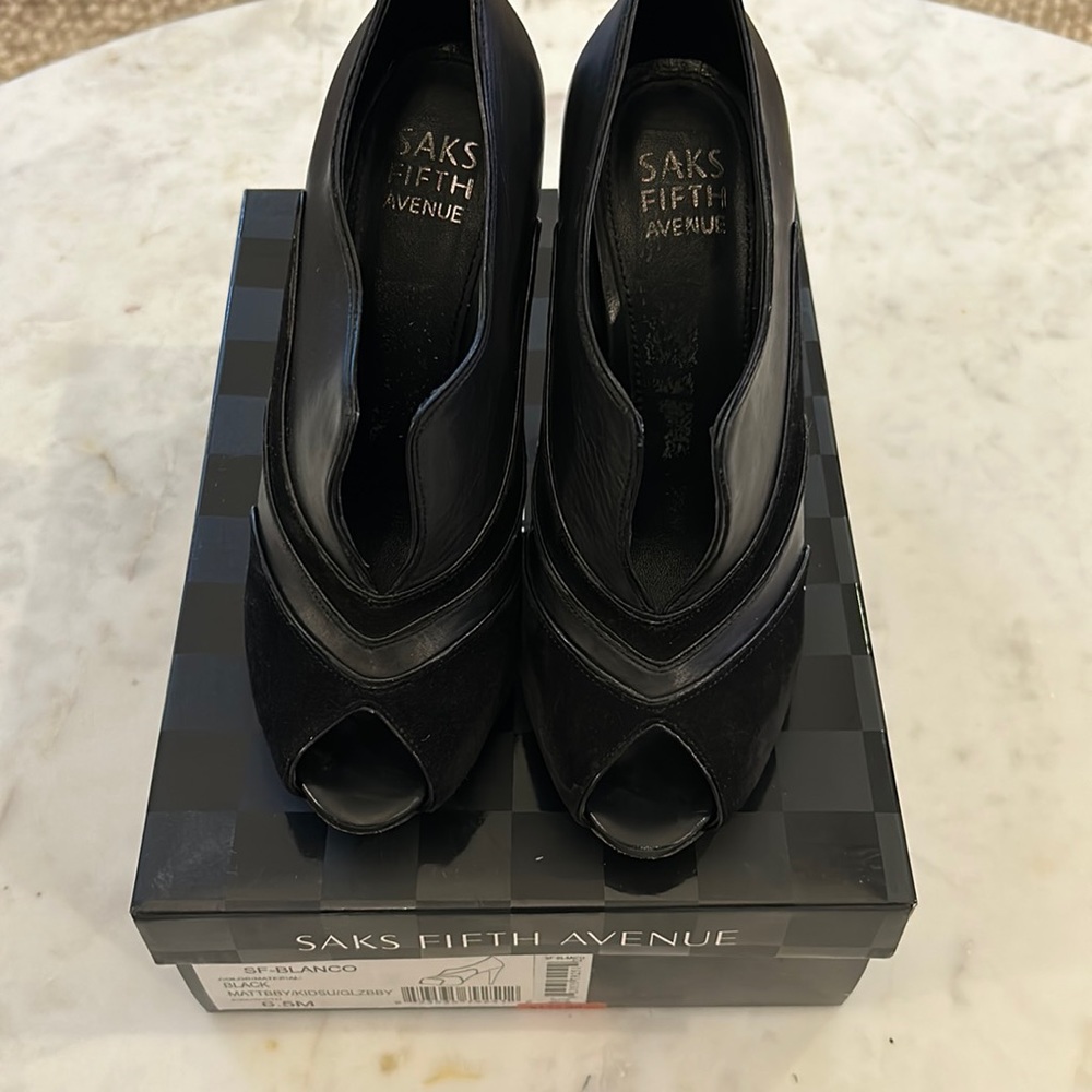 Suede and leather black peep toe booties